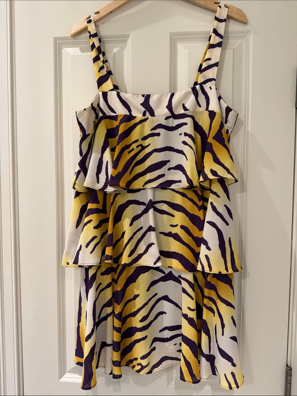 Game Day Tiered Tiger Print Dress in Purple & Gold